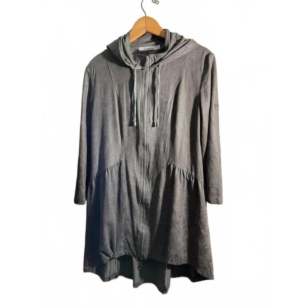 millia Gray Hooded Zip-Up Faux suede Jacket Large